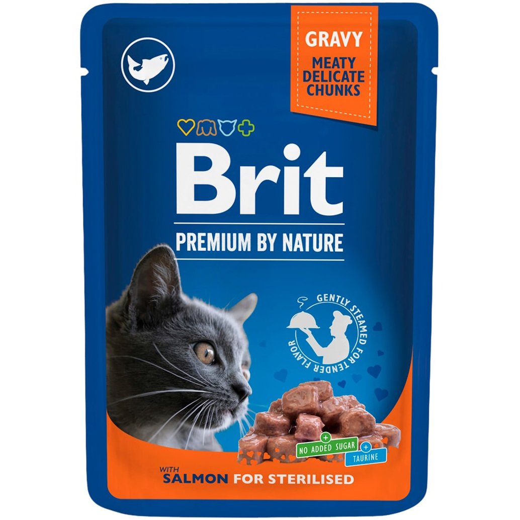Влажный корм Brit Premium Cat Pouch лосось в соусе для стерилизованных кошек 100 г - фото 1