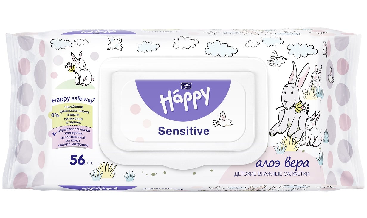 Вологі серветки Bella Baby Happy Sensetive & Aloe Vera, 56 шт. - фото 1