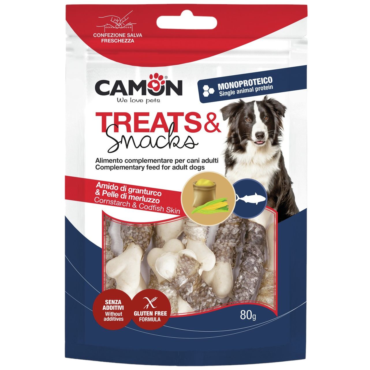 Ласощі для собак Camon кукурудзяні кісточки зі шкірою тріски 80 г (AE070) - фото 1