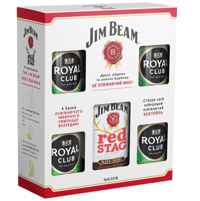 Віскі-лікер Jim Beam Red Stag Black Cherry, 32,5%, 0,7 л + 4 шт. Royal Club Ginger Ale 0,33 л - фото 1