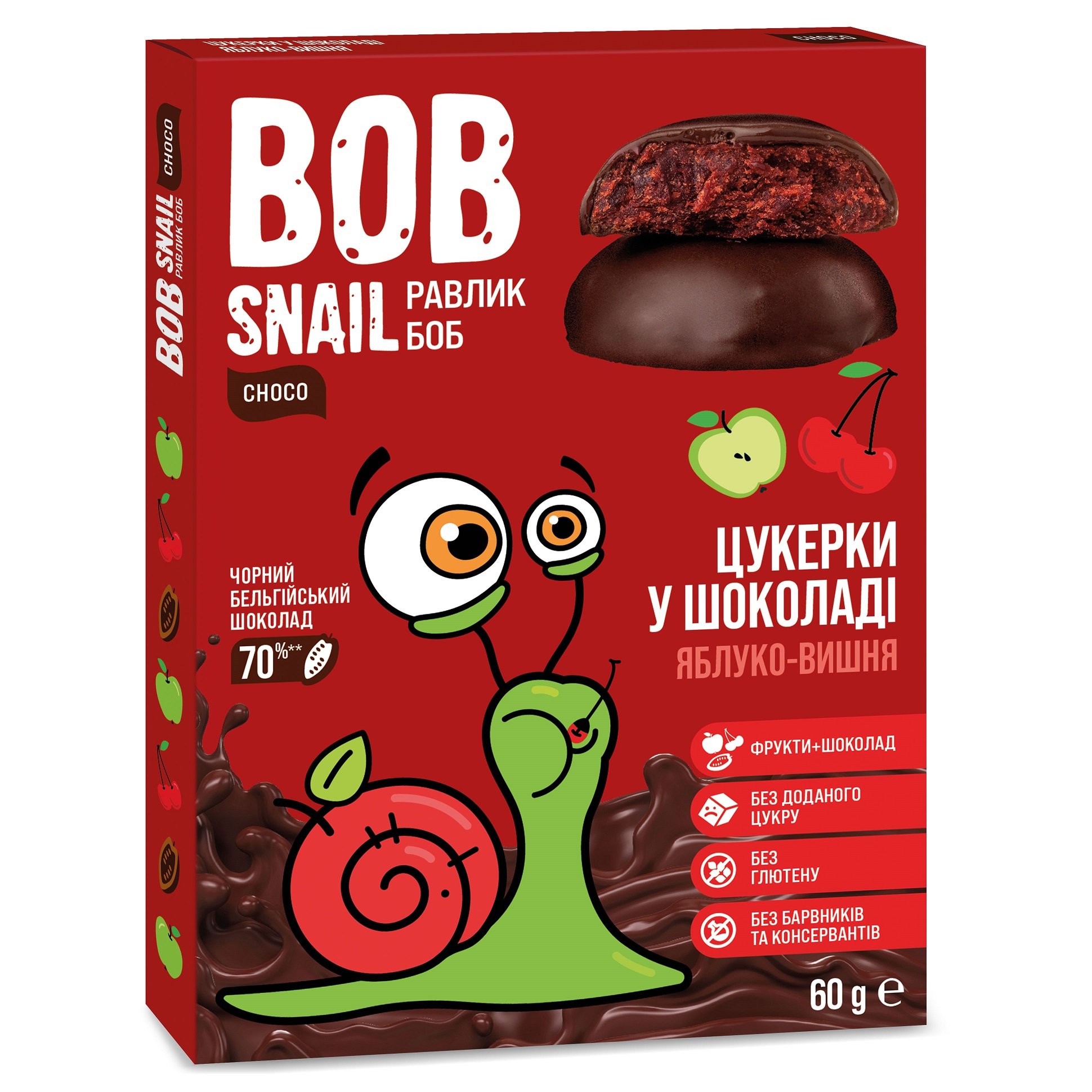 Натуральные конфеты Bob Snail Яблоко-Вишня в черном шоколаде, 60 г - фото 1