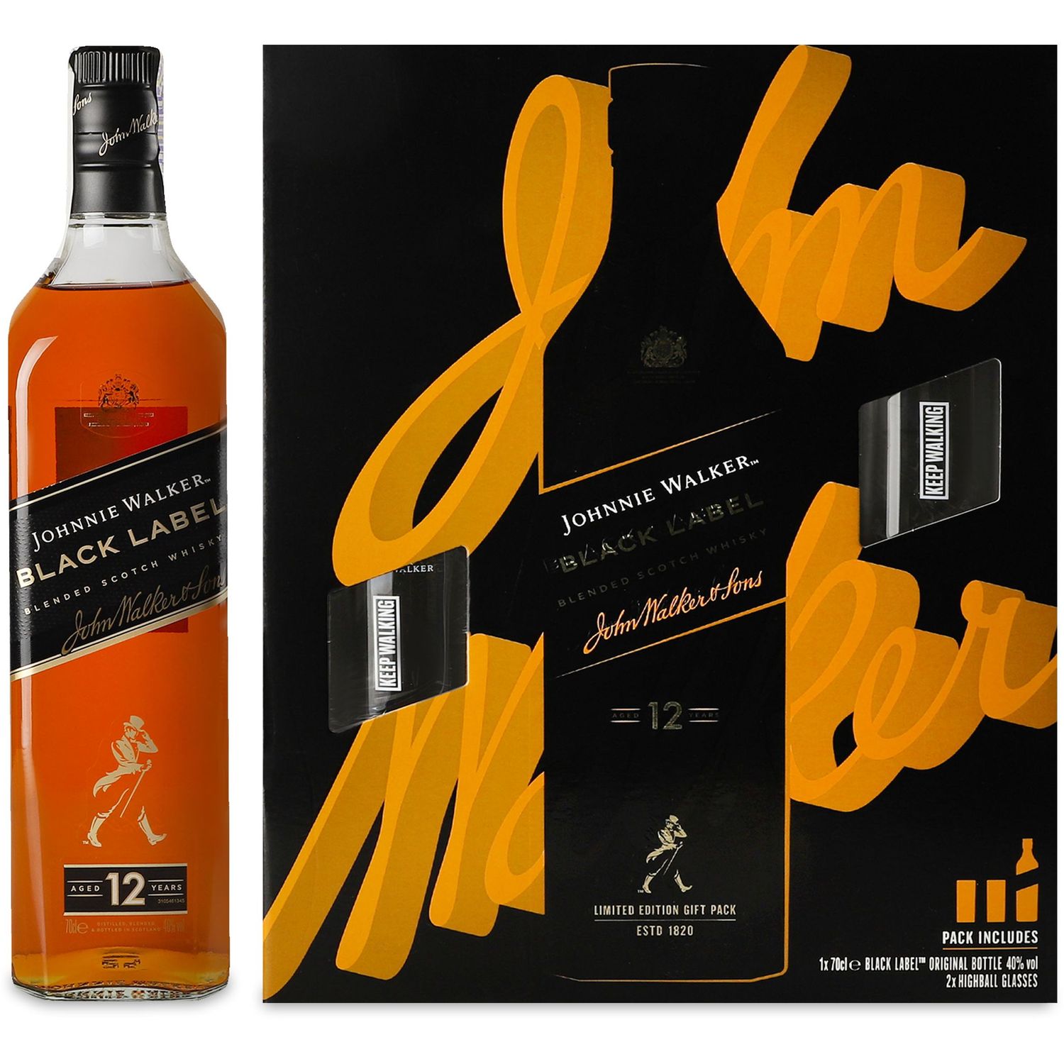 Виски Johnnie Walker Black label Blended Scotch Whisky, 40%, 0,7 л + 2 стакана - фото 1