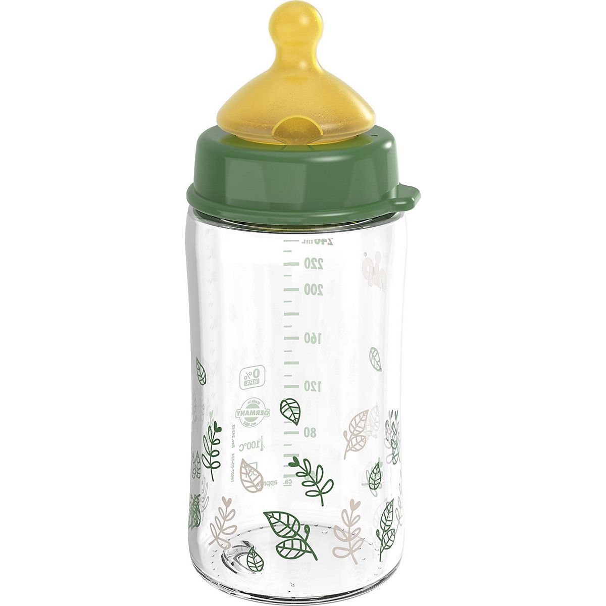 Стеклянная бутылочка Nip Зеленая серия Вишенка, с широкой горловиной, латекс, зеленая, 240 мл (35118) - фото 1