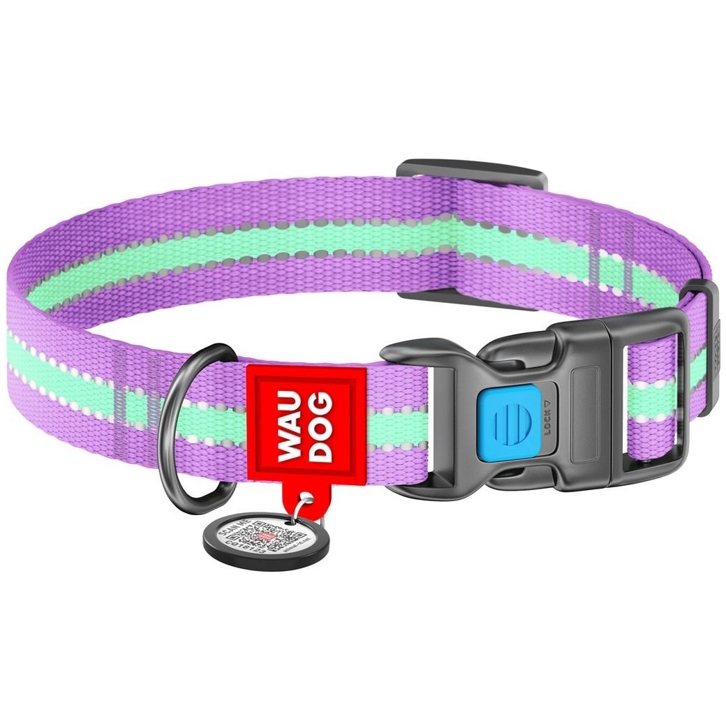 Ошейник для собак Waudog Nylon, светоотражающий, светонакапливающий, c QR паспортом, пластиковый фастекс, L, 31-49х2,5 см, фиолетовый - фото 1
