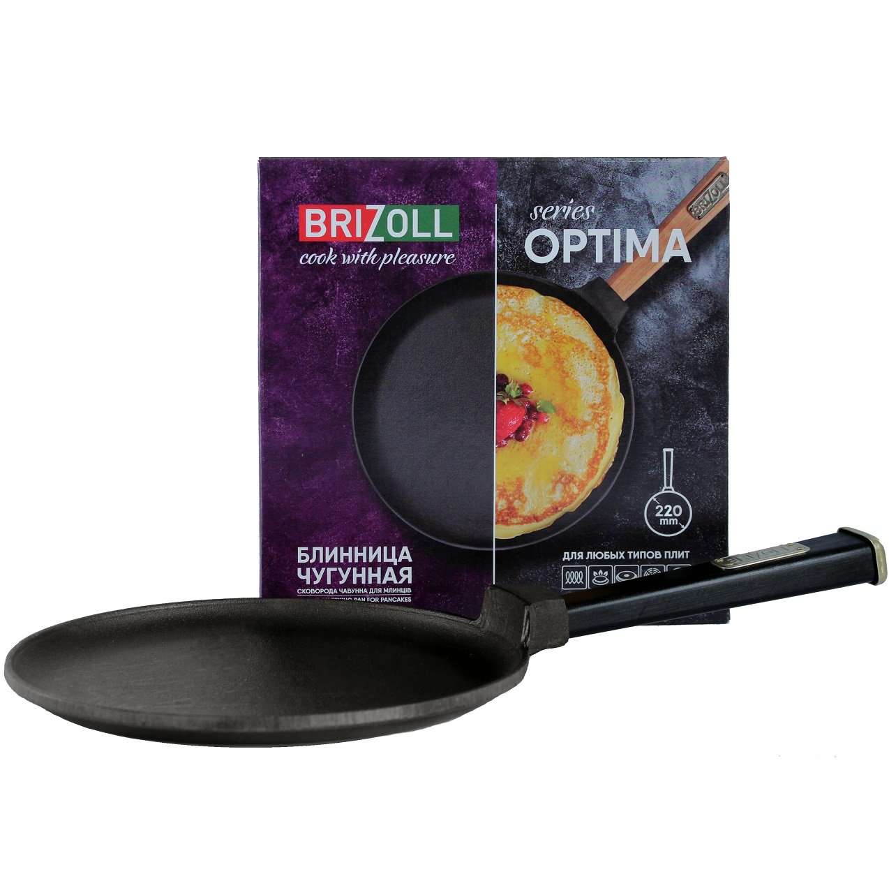 Блинница Brizoll Optima-Black чугунная, с ручкой 22х1,5 см (O2215-P1) - фото 1