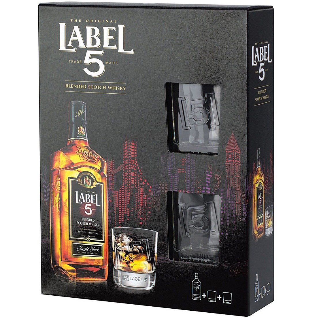 Виски Label 5 Classic Black Blended Scotch Whisky, в подарочной упаковке, 40%, 0,7 л + 2 стакана - фото 1