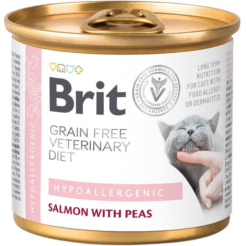 Консервированный корм для кошек Brit GF Veterinary Diet Cat Cans Hypoallergenic с пищевой аллергией и непереносимостью ингредиентов и питательных веществ, с лососем и горохом, 200 г - фото 1