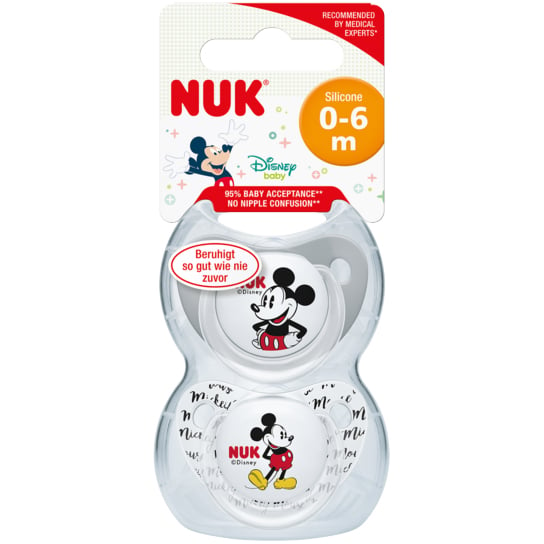 Пустышка силиконовая Nuk Disney Mickey, ортодонтическая, 0-6 мес., белая с серым, 2 шт. (3953128) - фото 2