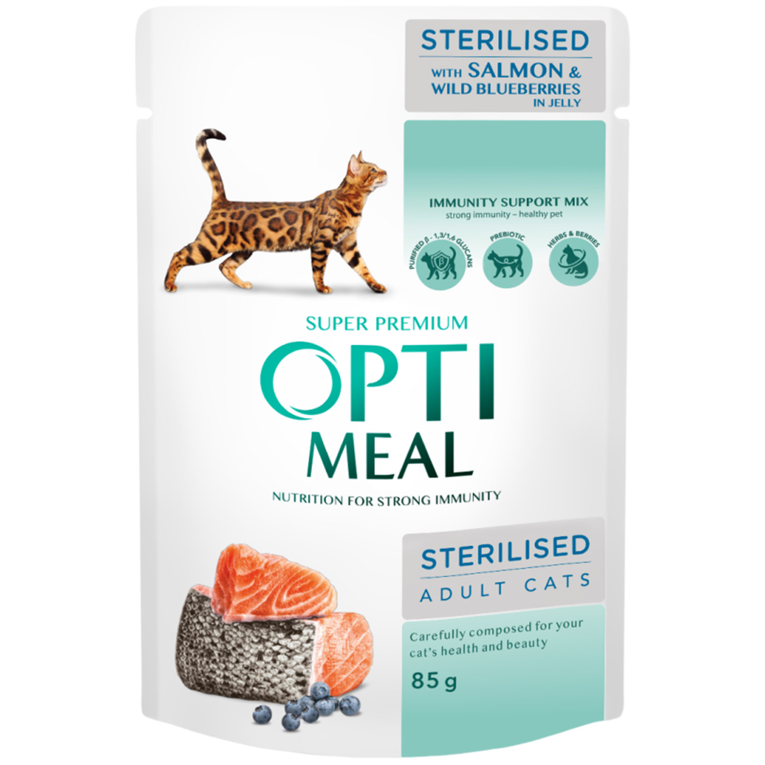 Вологий корм Optimeal для стерилізованих кішок та кастрованих котів з лососем та чорницею в желе 85 г - фото 1