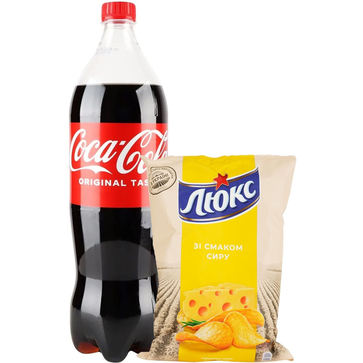 Набір: чипси Люкс зі смаком сиру 133 г + напій Coca-Cola безалкогольний 1.25 л - фото 1