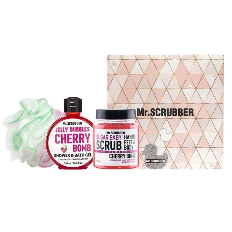 Подарунковий набір Mr.Scrubber Cherry Bomb: Цукровий скраб, 300 г + Гель для душу, 300 мл + Мочалка Хмаринка - фото 1