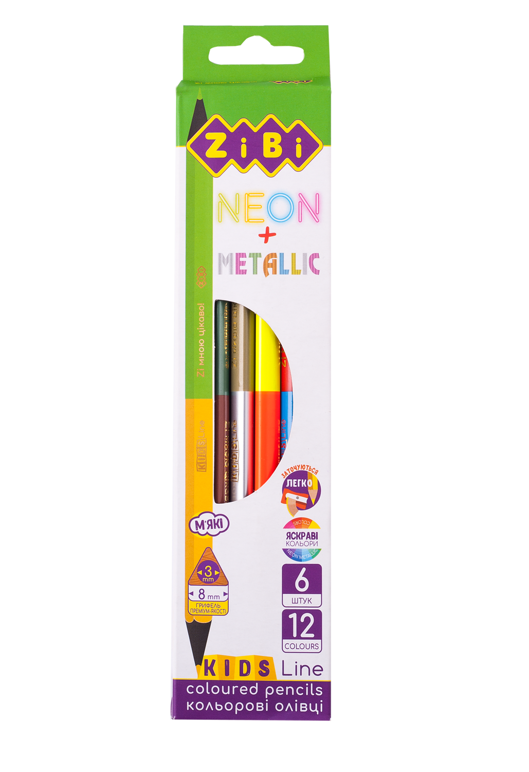 Карандаши цветные ZiBi Double Neon+Metallic Кids Line, 6 шт.,12 цветов (ZB.2465) - фото 1