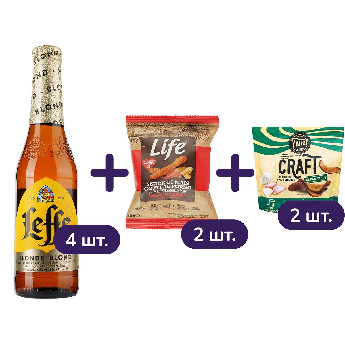 Набор Летний день: пиво Leffe Blonde светлое 6.6% 1.32 л (4 шт. х 0.33 л) + Кукурузные палочки Life с сыром и паприкой 2 шт. х 35 г + гренки Flint Craft Ржано-пшеничные волнистые со вкусом чеснока 2 шт. х 90 г - фото 1