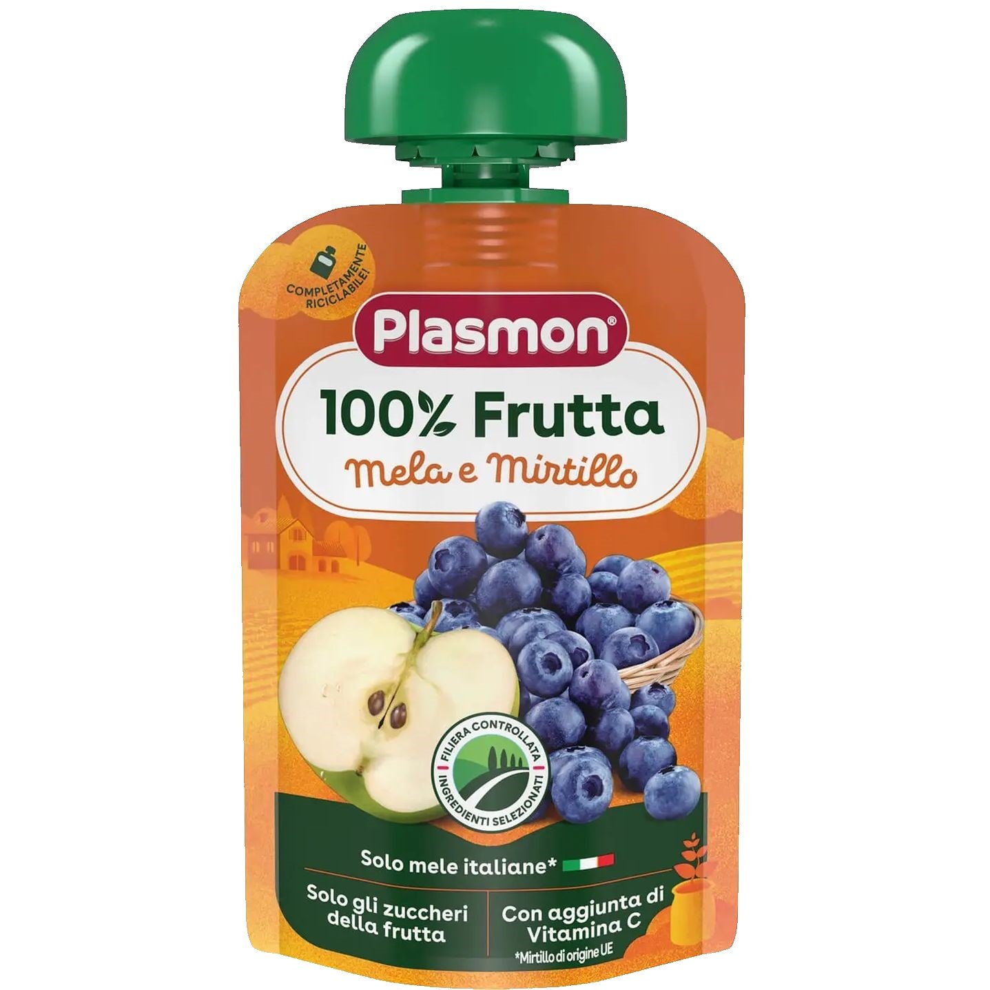Пюре Plasmon Merenda 100% Frutta Яблоко и черника с витаминами, 100 г - фото 1
