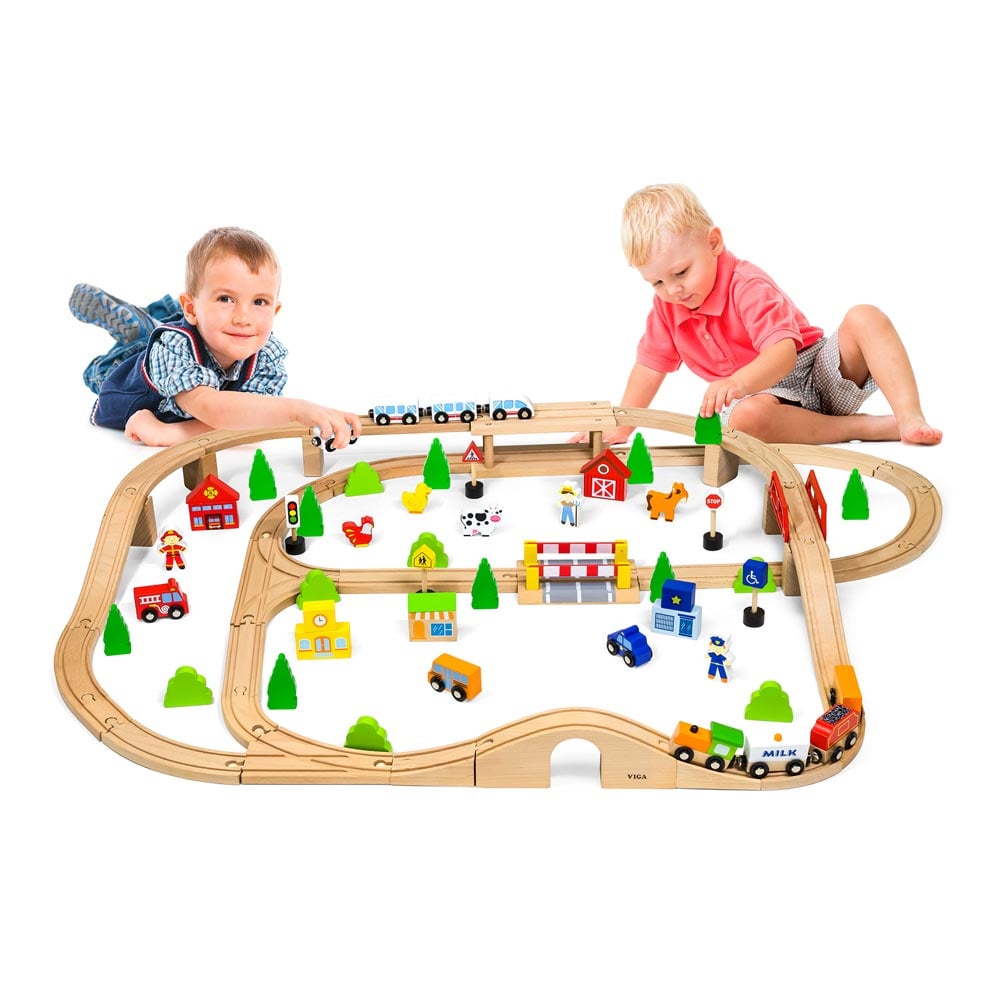 Деревянная железная дорога Viga Toys Train Set, 90 деталей (50998) - фото 2