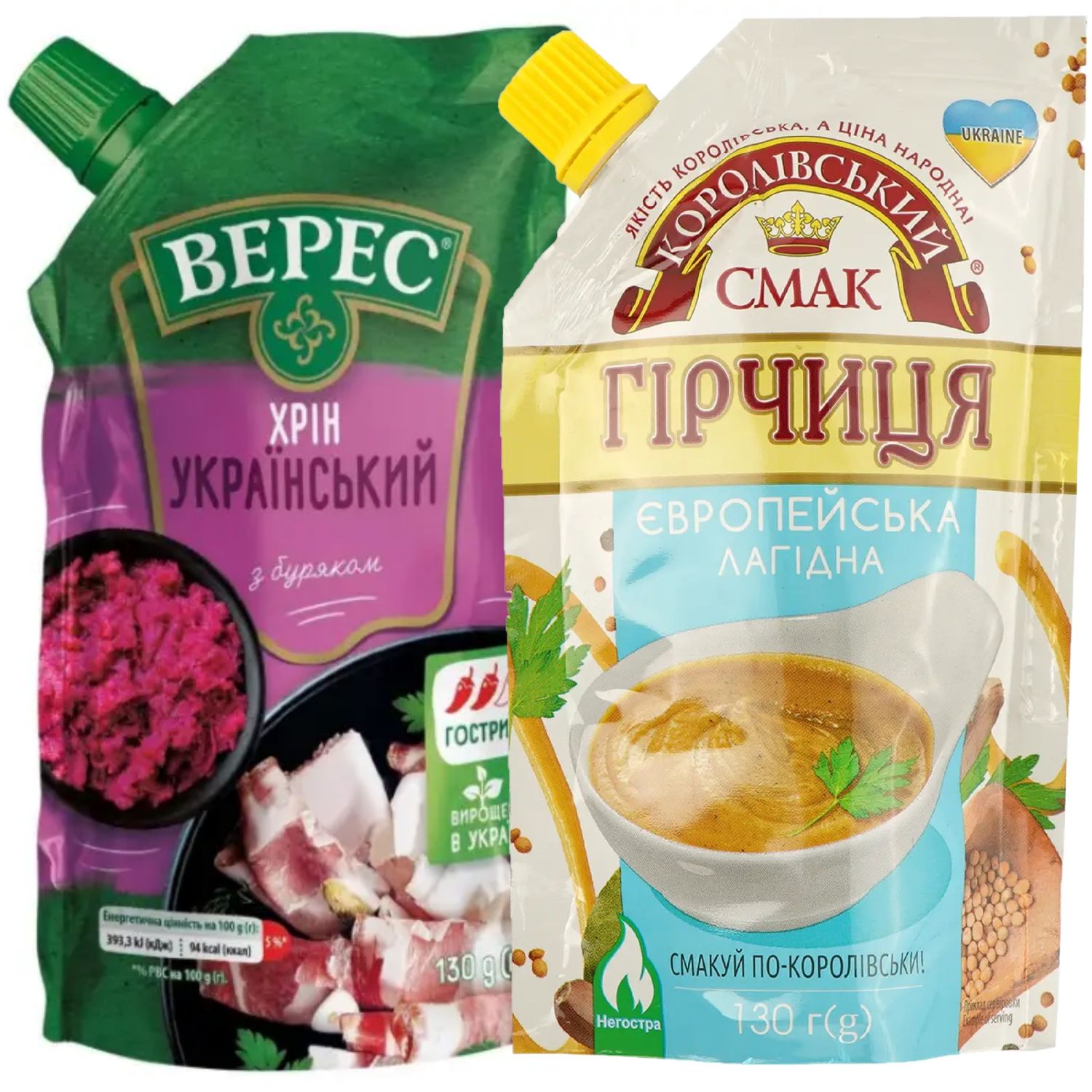 Набор: хрен Верес Украинский 130 г + горчица Королевский вкус Европейская кроткая 130 г - фото 1