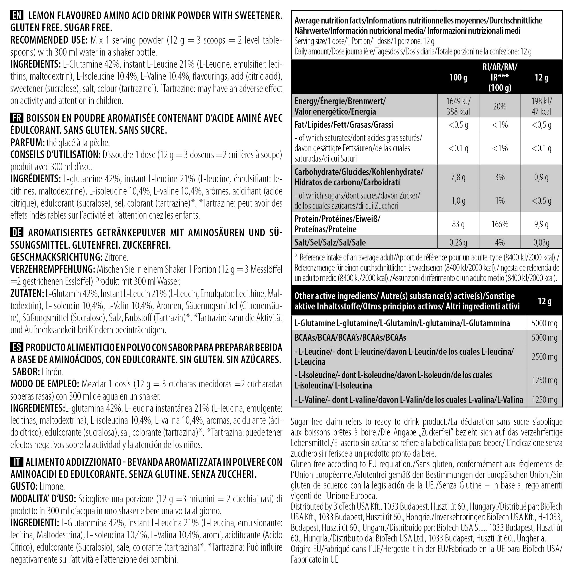 Амінокислоти BioTech BCAA+Glutamine Zero Лимон 480 г купити у Києві