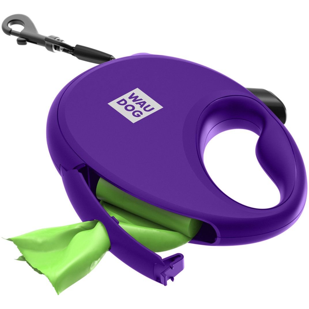 Поводок-рулетка для собак Waudog R-leash с контейнером для пакетов, светоотражающая лента, L до 40 кг, 5 м фиолетовый - фото 1