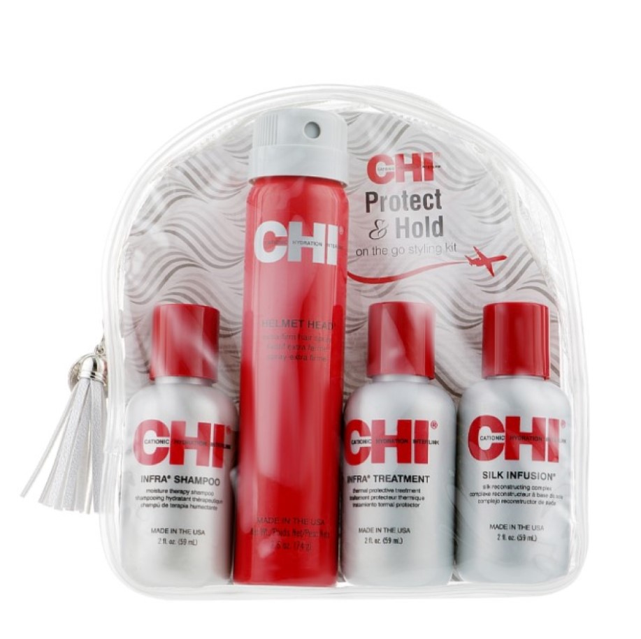 Набір CHI Protect & Hold Travel Kit Кондиціонер CHI Infra Treatment 59 мл + Відновлювальний комплекс для волосся з шовком CHI Silk Infusion 59 мл + Шампунь CHI Infra Shampoo 59 мл + Лак для волосся CHI Helmet Head Extra Firm Hair Spray 74 мл - фото 1