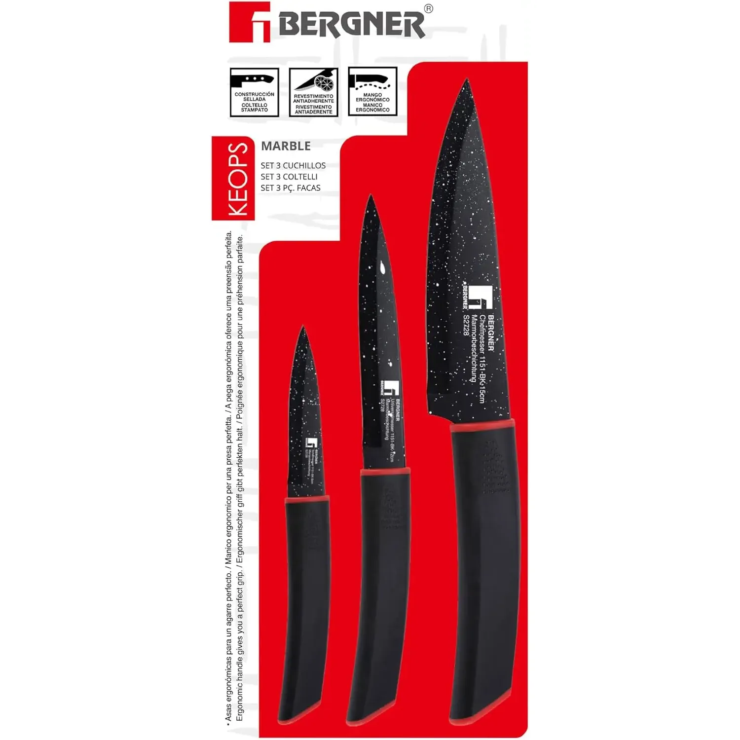 Набір ножів із покриттям під мармур Bergner Keops marble 3 шт. (BG-1151-BK) - фото 1