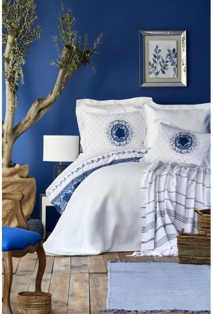 Набір постільна білизна з покривалом та піке Karaca Home Belina mavi, євро, блакитний, 8 предметів (svt-2000022225717) - фото 3