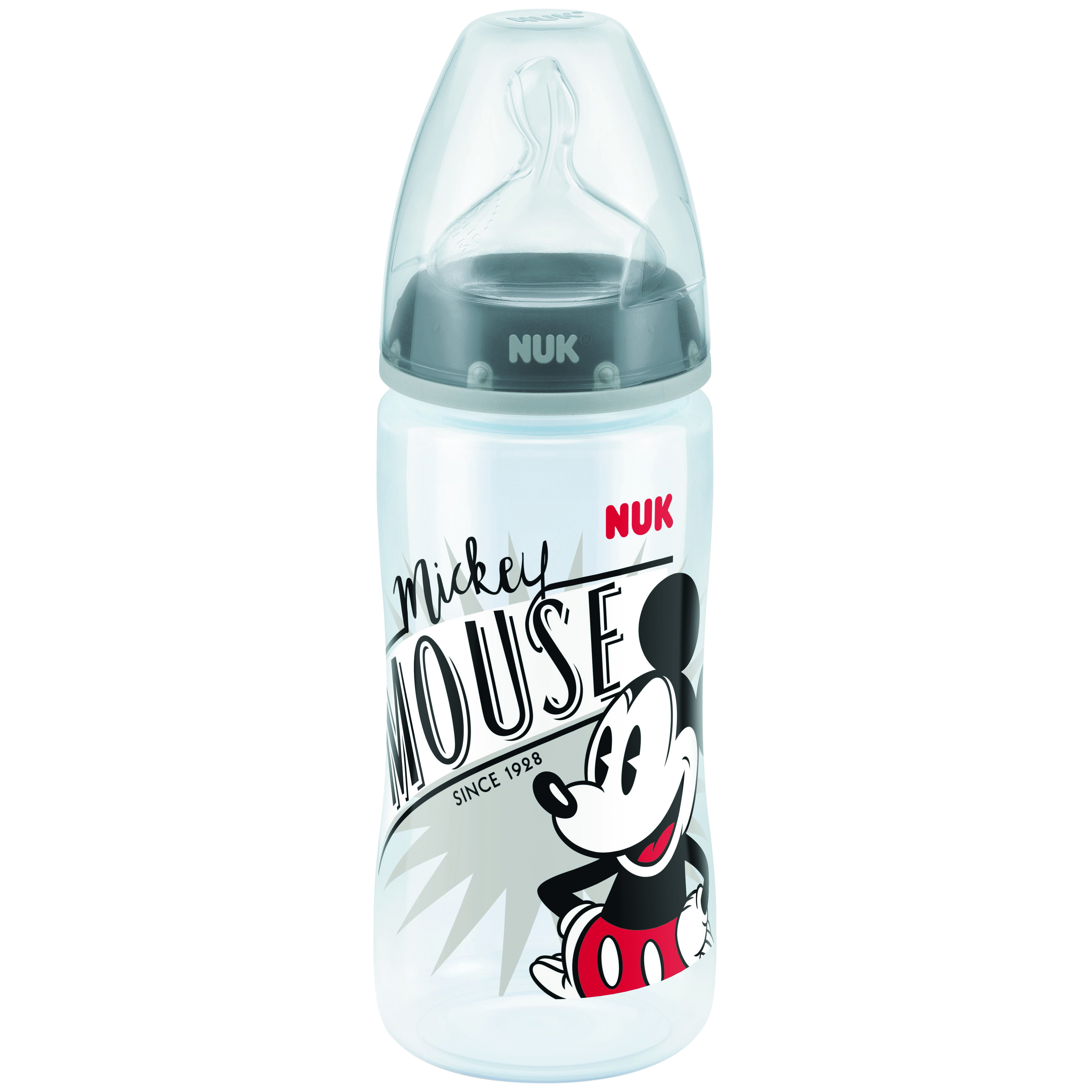 Пляшечка Nuk Міккі Маус FC, з широким горлечком, з силіконовою соскою, 6-18 міс., 300 мл, сірий (3952949) - фото 1