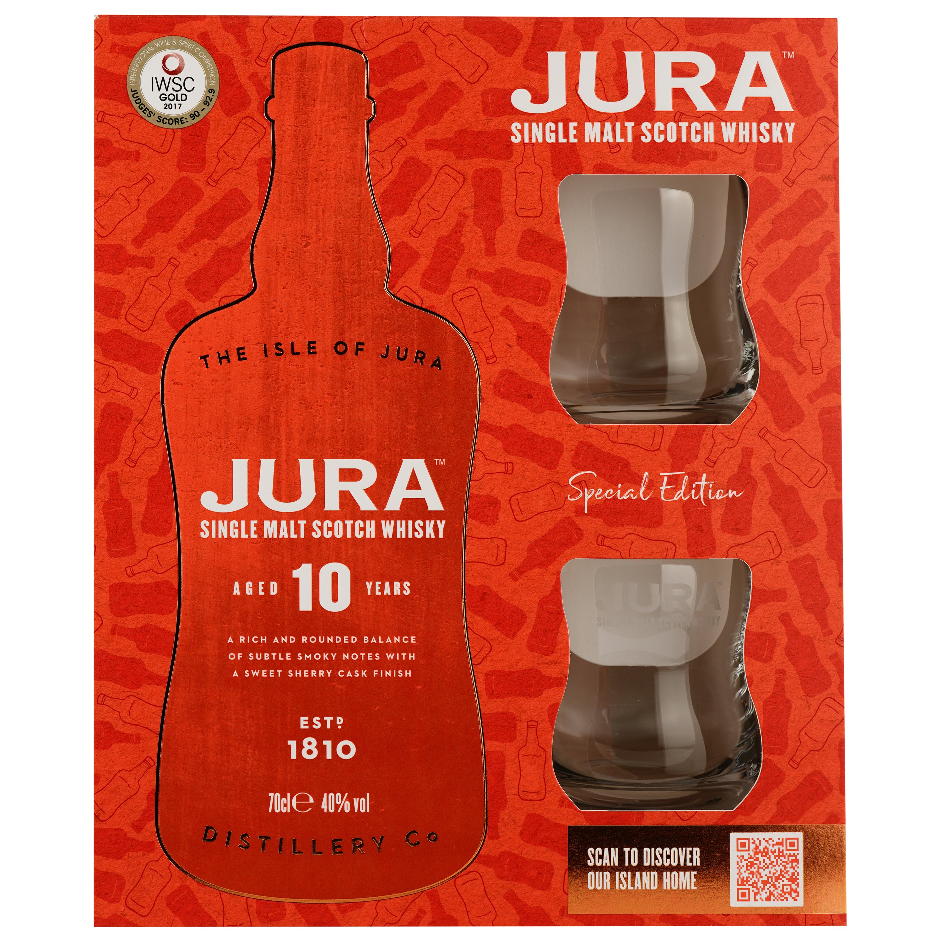 Віскі Isle of Jura 10 yo Single Malt Scotch Whisky, 40 %, 0,7 л + 2 келихи (50186) - фото 1