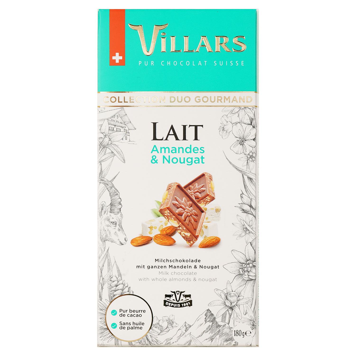 Молочный шоколад Villars Collection Duo Gourmand Lait Amandes & Nougat с миндалем и нугой 180 г - фото 1