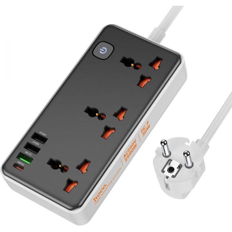 Мережевий фільтр подовжувач Hoco AC8-A 3 розетки + 3 USB+USB-C 30W 220В кабель 15м Black-White - фото 1