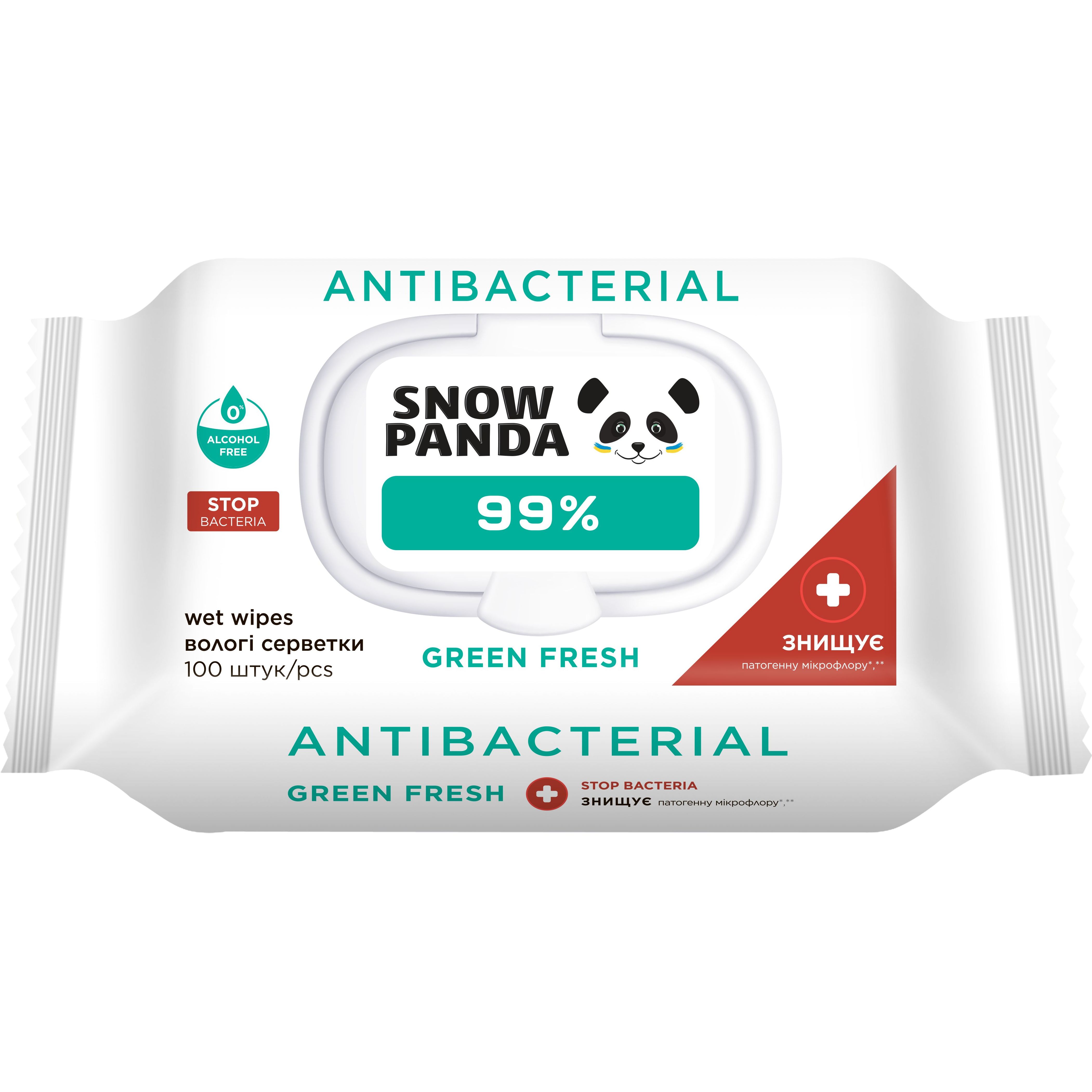 Серветки вологі для рук та тіла Сніжна Панда Антимікробні 99.9% Green Fresh 100 шт. - фото 1