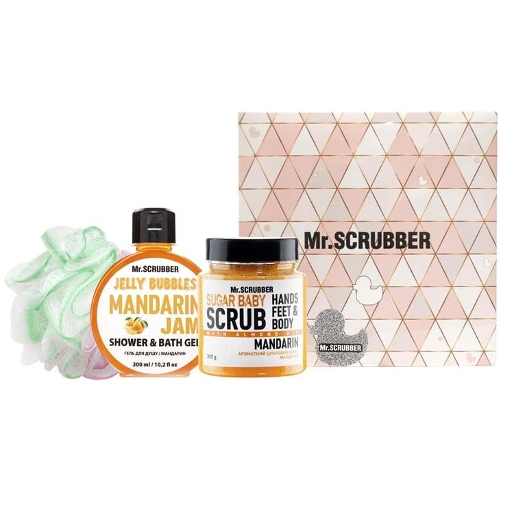 Подарунковий набір Mr.Scrubber Mandarin: Цукровий скраб, 300 г + Гель для душу, 300 мл + Мочалка Хмаринка - фото 1