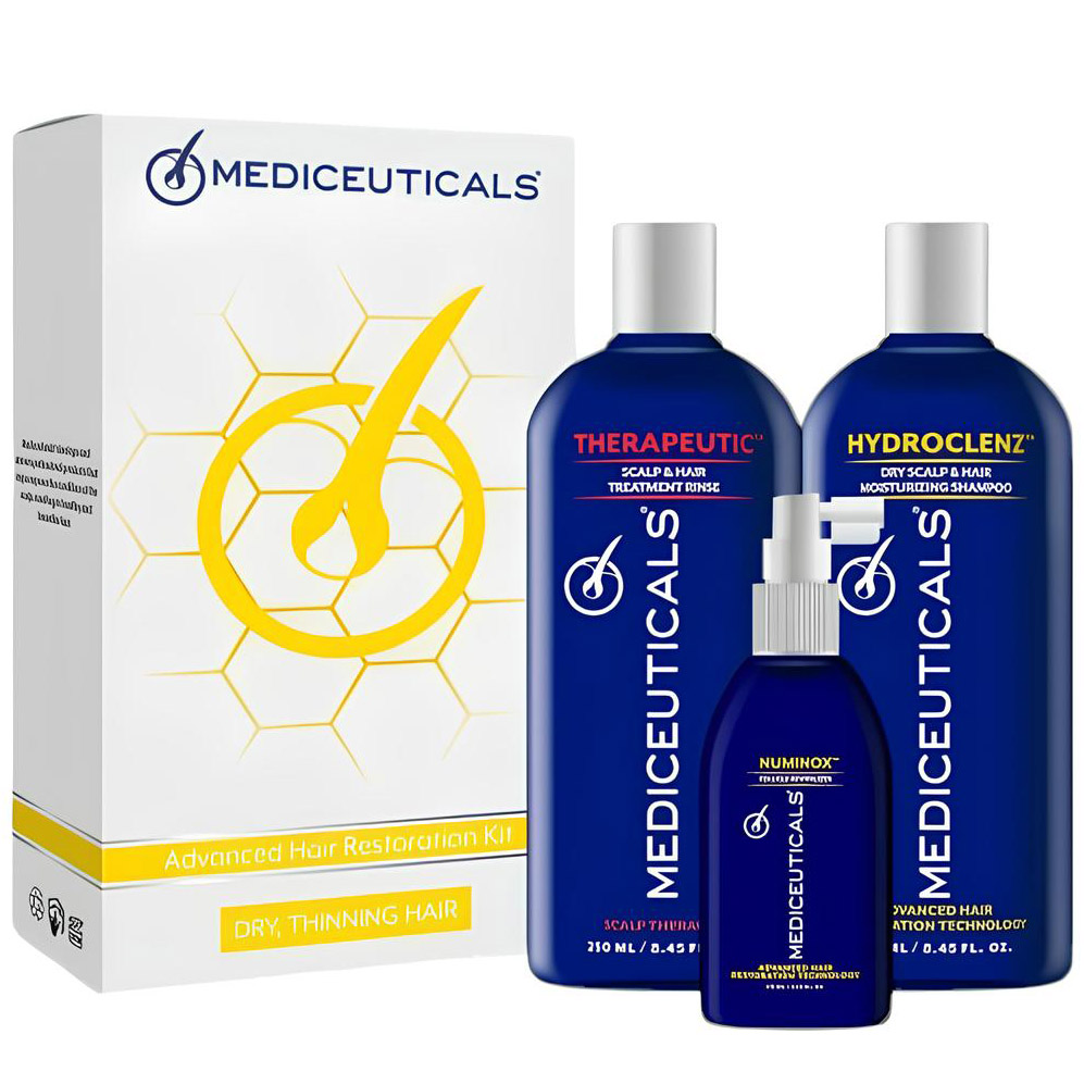 Набор против выпадения и истончения волос у мужчин Mediceuticals Advanced Hair Restoration Kit: Шампунь Hydroclenz 250 мл + Кондиционер Therapeutic 250 мл + Сыворотка Numinox 125 мл - фото 1