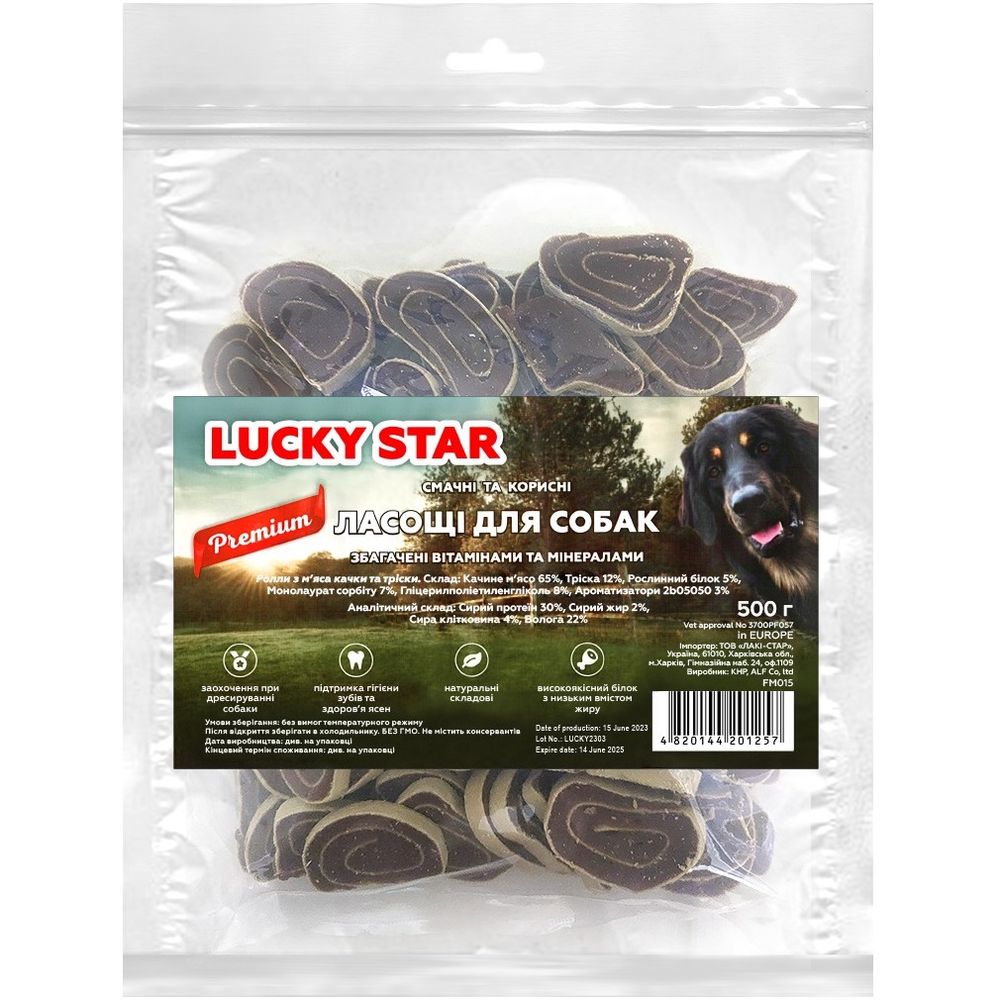 Ласощі для собак Lucky Star Роли з м'ясом качки та тріски 500 г - фото 1