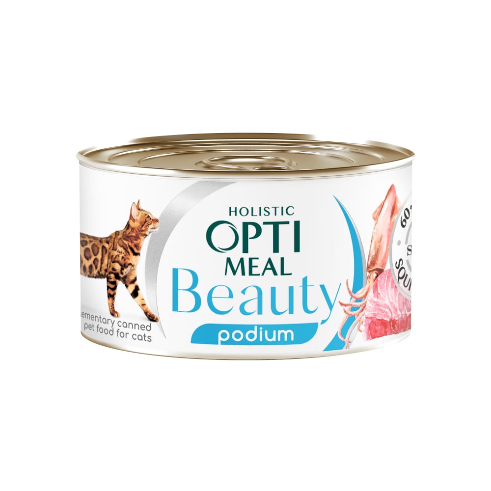 Додатковий вологий корм для котів Optimeal Beauty Podium Смугастий тунець в соусі з кільцями кальмарів, 70 г (B2782201) - фото 1