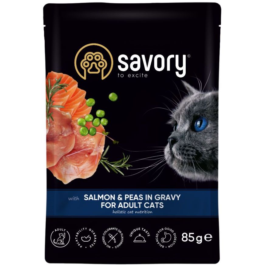 Набор влажных кормов Savory 3+1 для взрослых кошек, лосось с горохом в соусе 340 г (4 шт. х 85 г) - фото 5