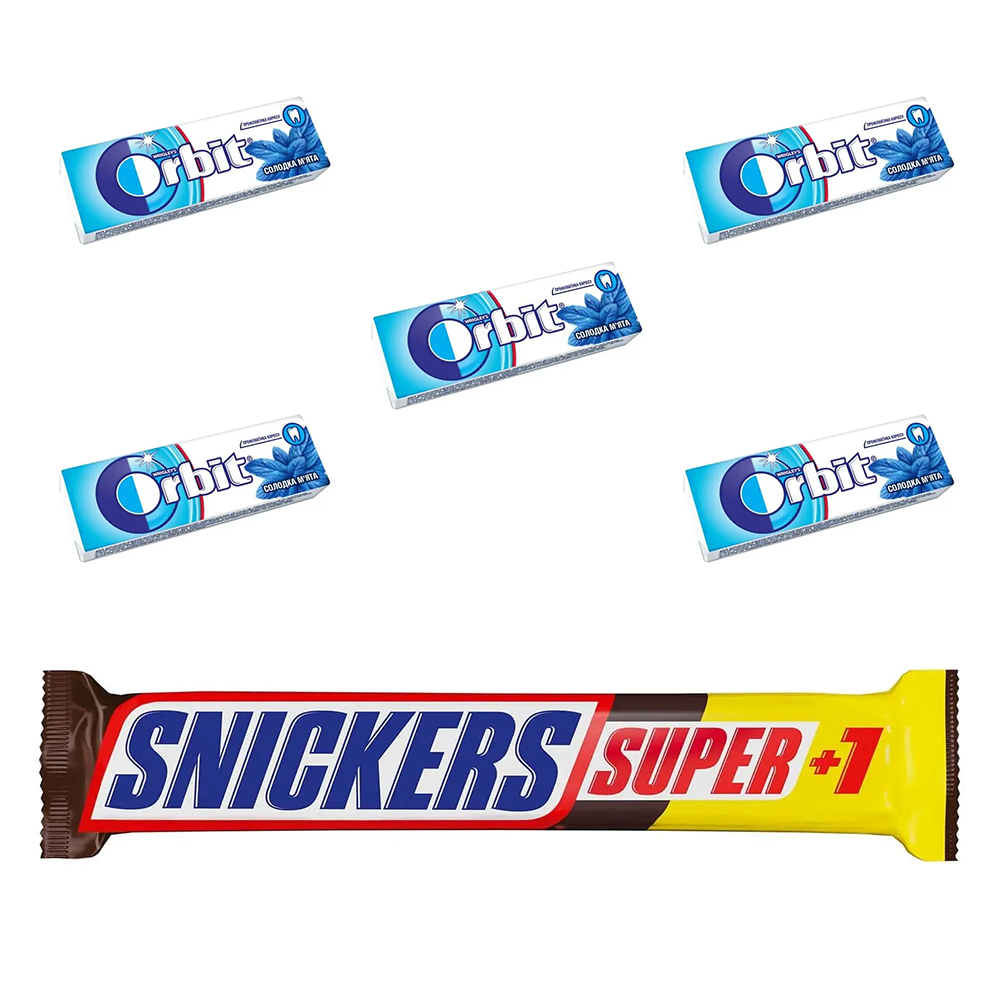 Набор: батончик Snickers Super+1 с арахисом 112 г + резинка жевательная Orbit Sweet Mint драже 14 г 5 шт. - фото 1