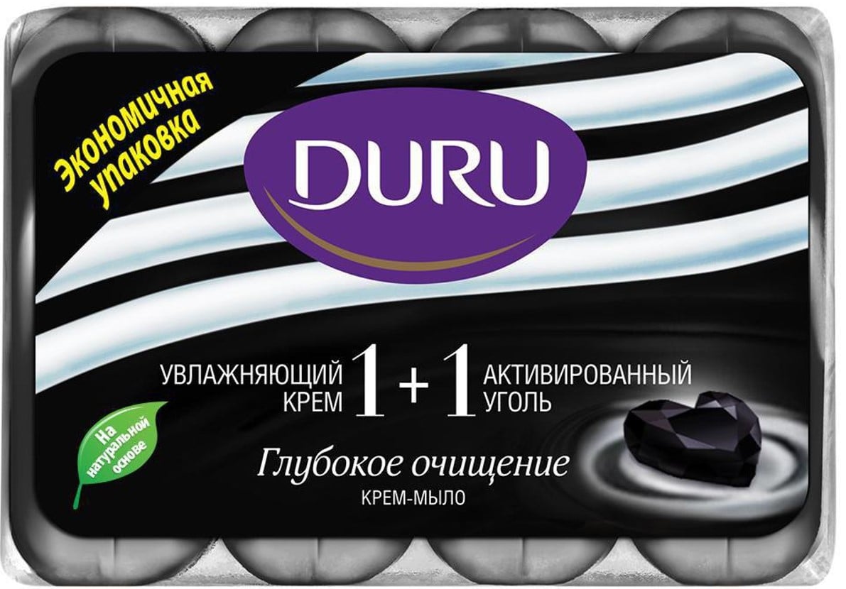 Мило Duru 1+1 з активованим вугіллям і зволожуючим кремом, 4 шт. по 90 г - фото 1