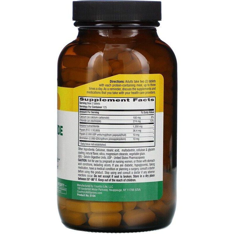 Бетаин Гидрохлорид Country Life Betaine Hydrochloride 600 мг 250 таблеток - фото 2
