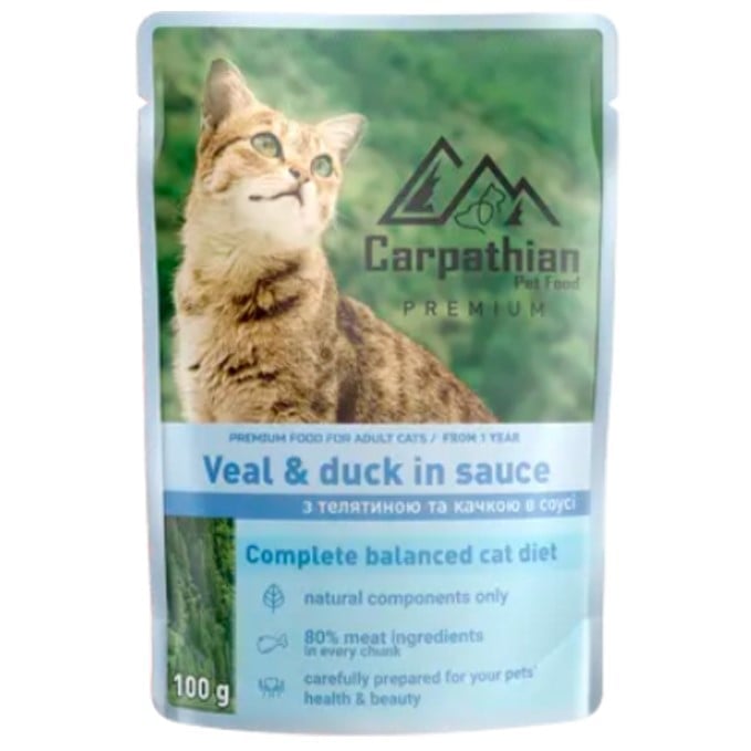 Вологий корм для котів Carpathian Pet Food Телятина з качкою у соусі, 100 г - фото 1