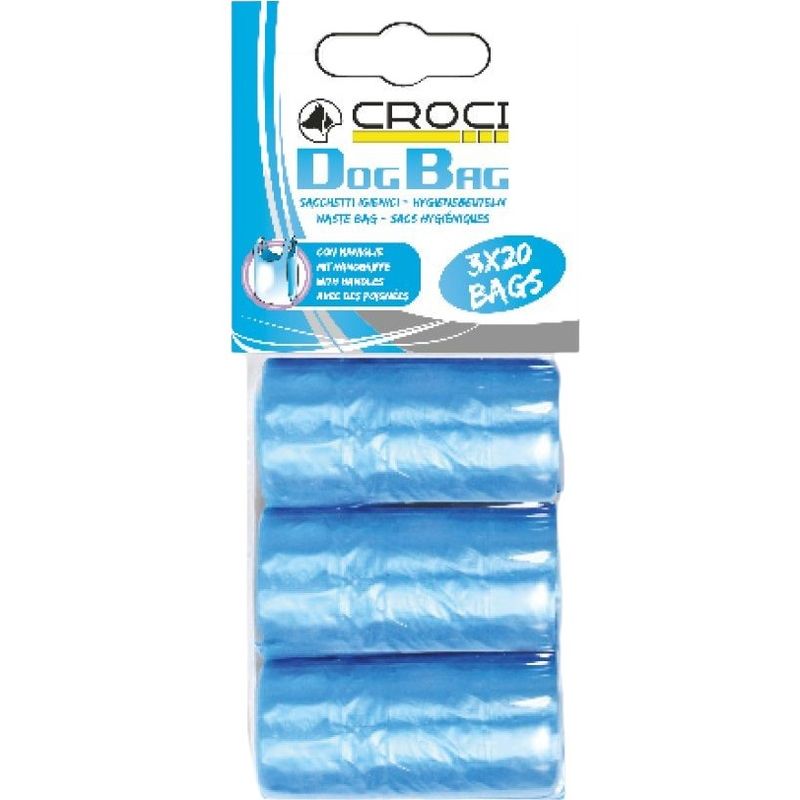 Гигиенические пакеты Croci Dog Bag для уборки за собаками с ручками голубые 60 шт. (3 рулона x 20 шт.) - фото 1