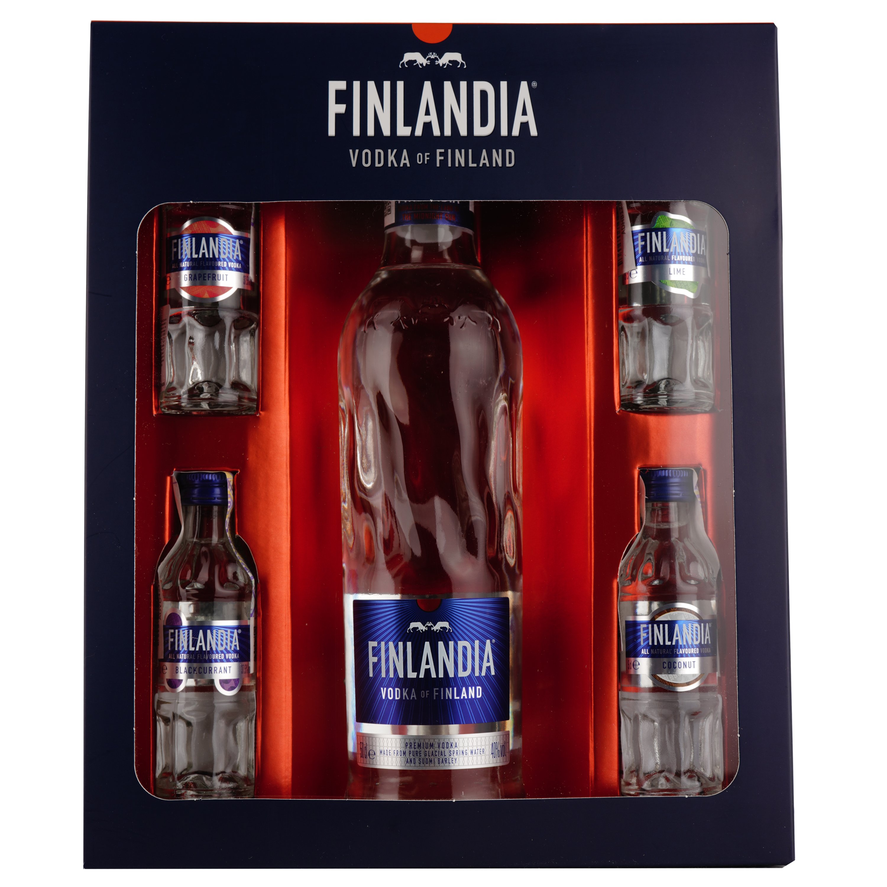 Набір горілки Finlandia: класична 40%, 0,5л + 4 смакові мініатюри, 37,5%, 0,05л (590065) - фото 1