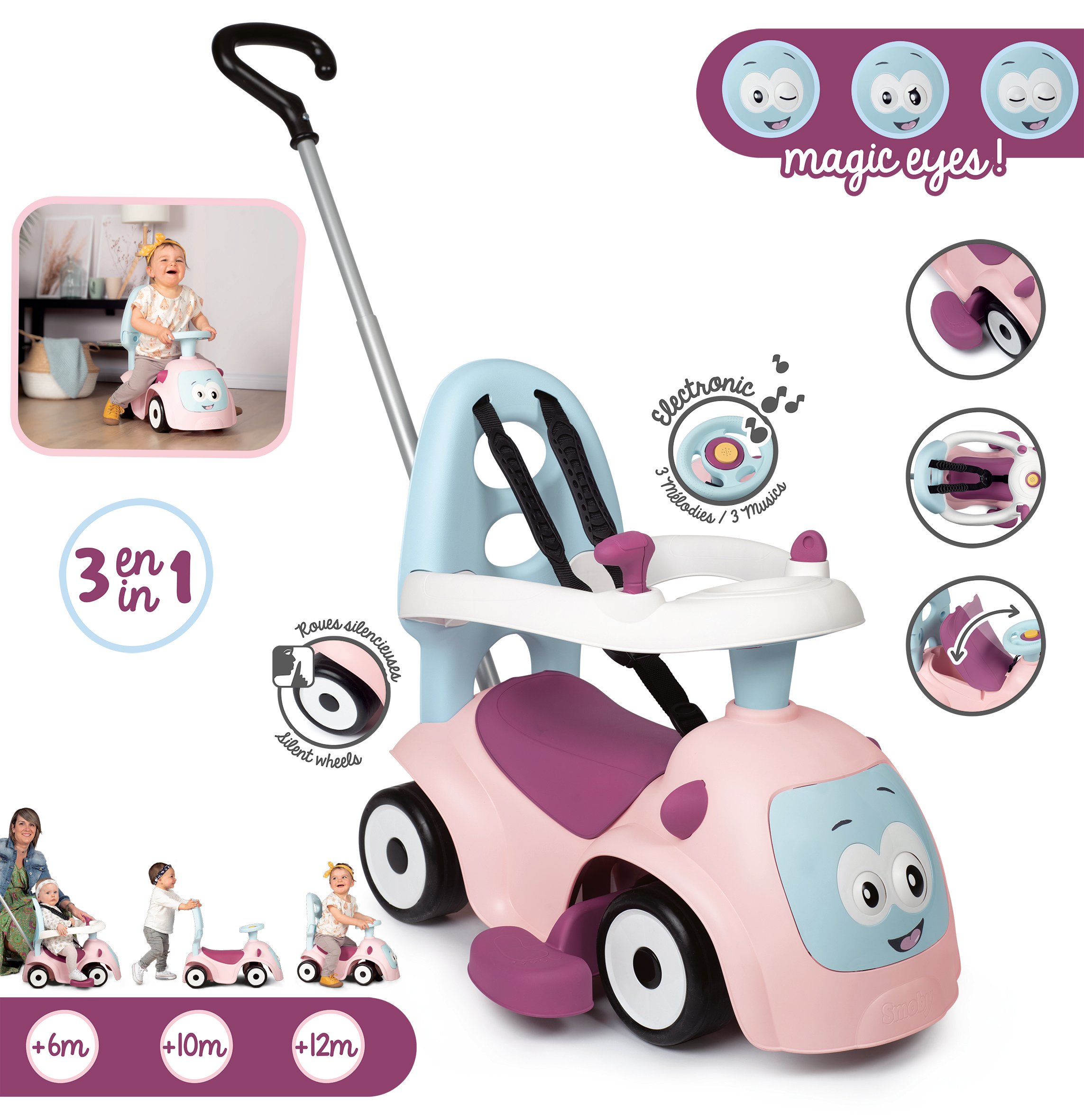 Машина для катания детская Smoby Toys Маестро 4 в 1 с функцией качели, розовый (720305) - фото 1