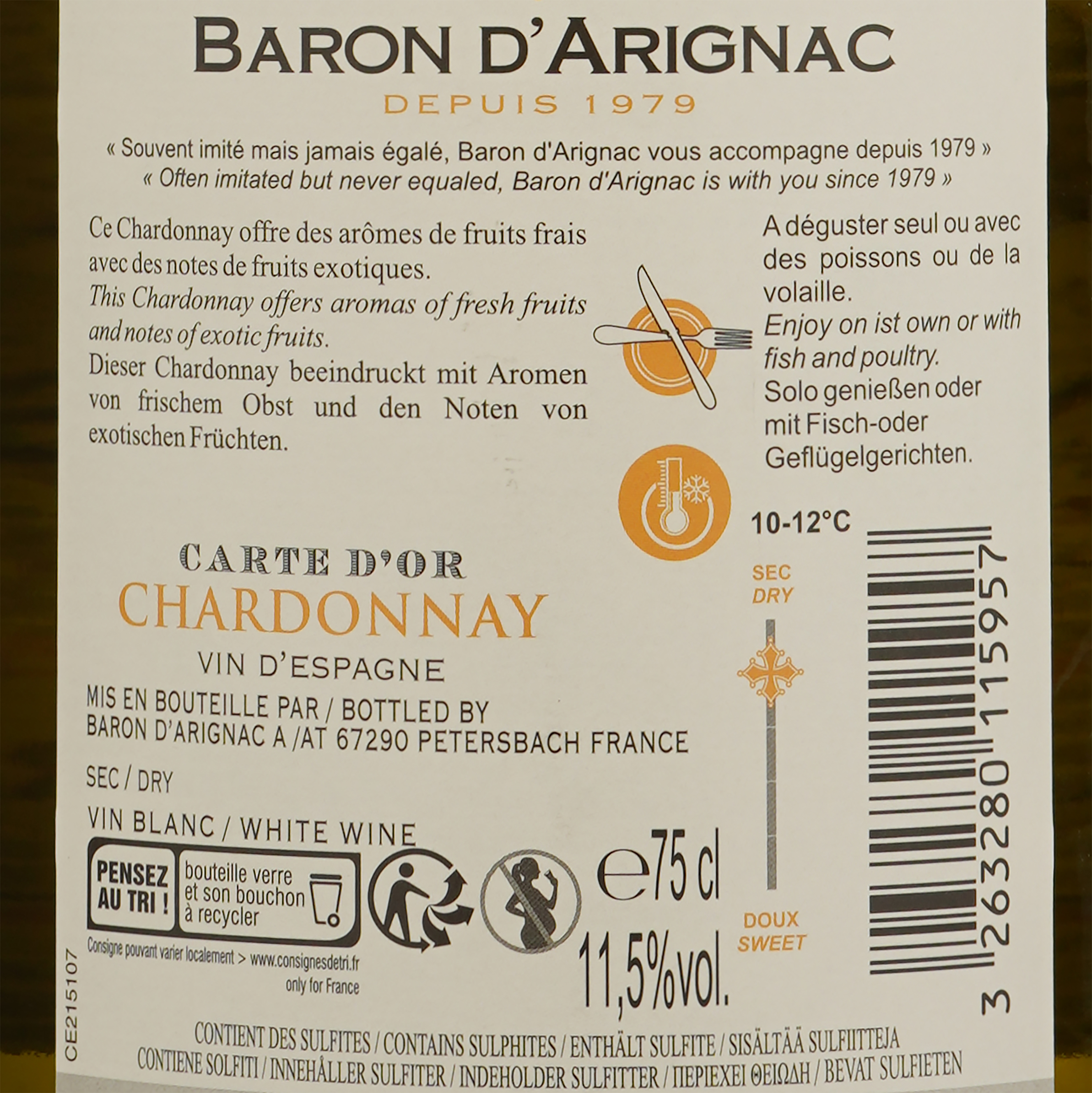 Вино Baron d'Arignac Chardonnay, 13%, 0,75 л - фото 3