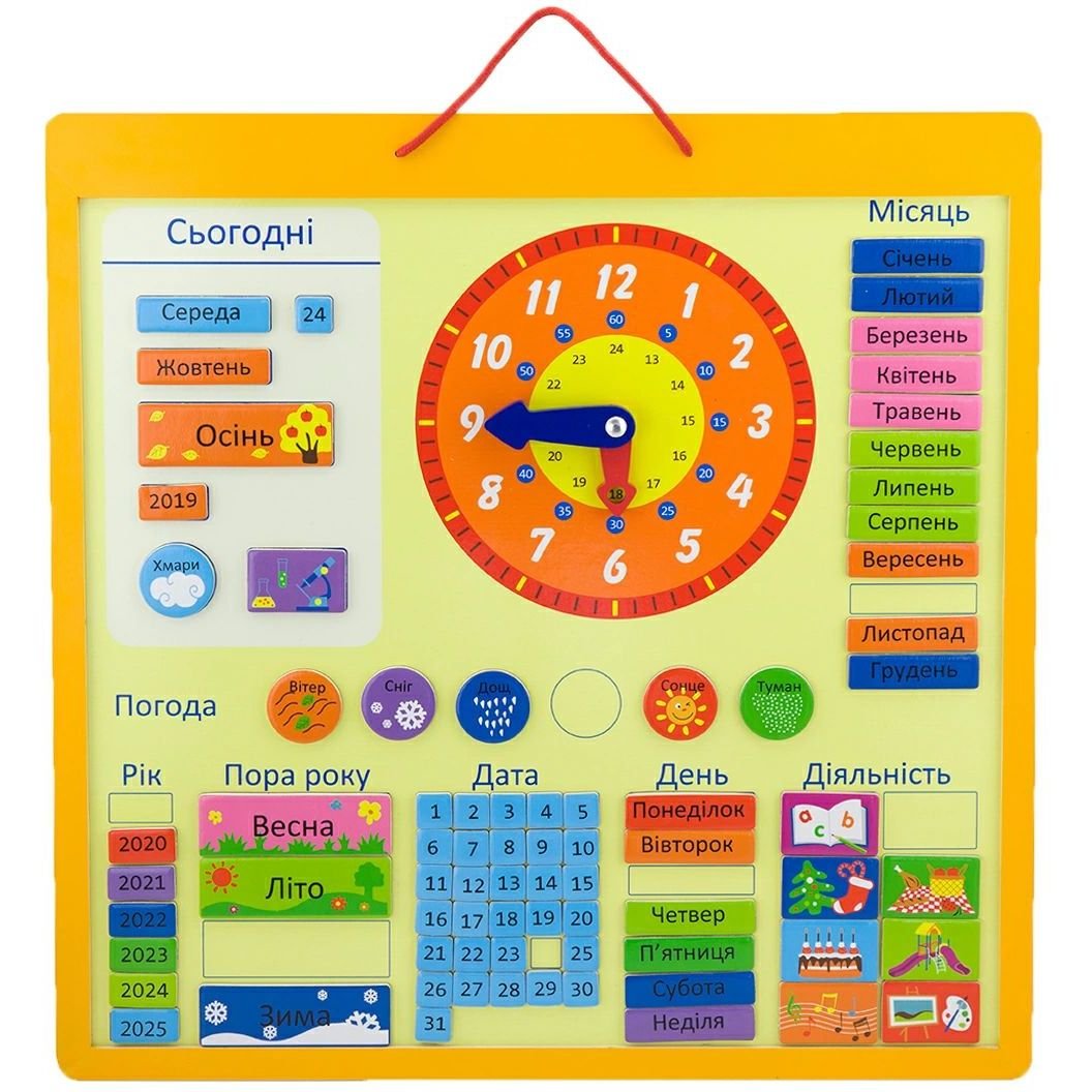 Магнитный календарь Viga Toys с часами, на украинском языке (50377U) - фото 1