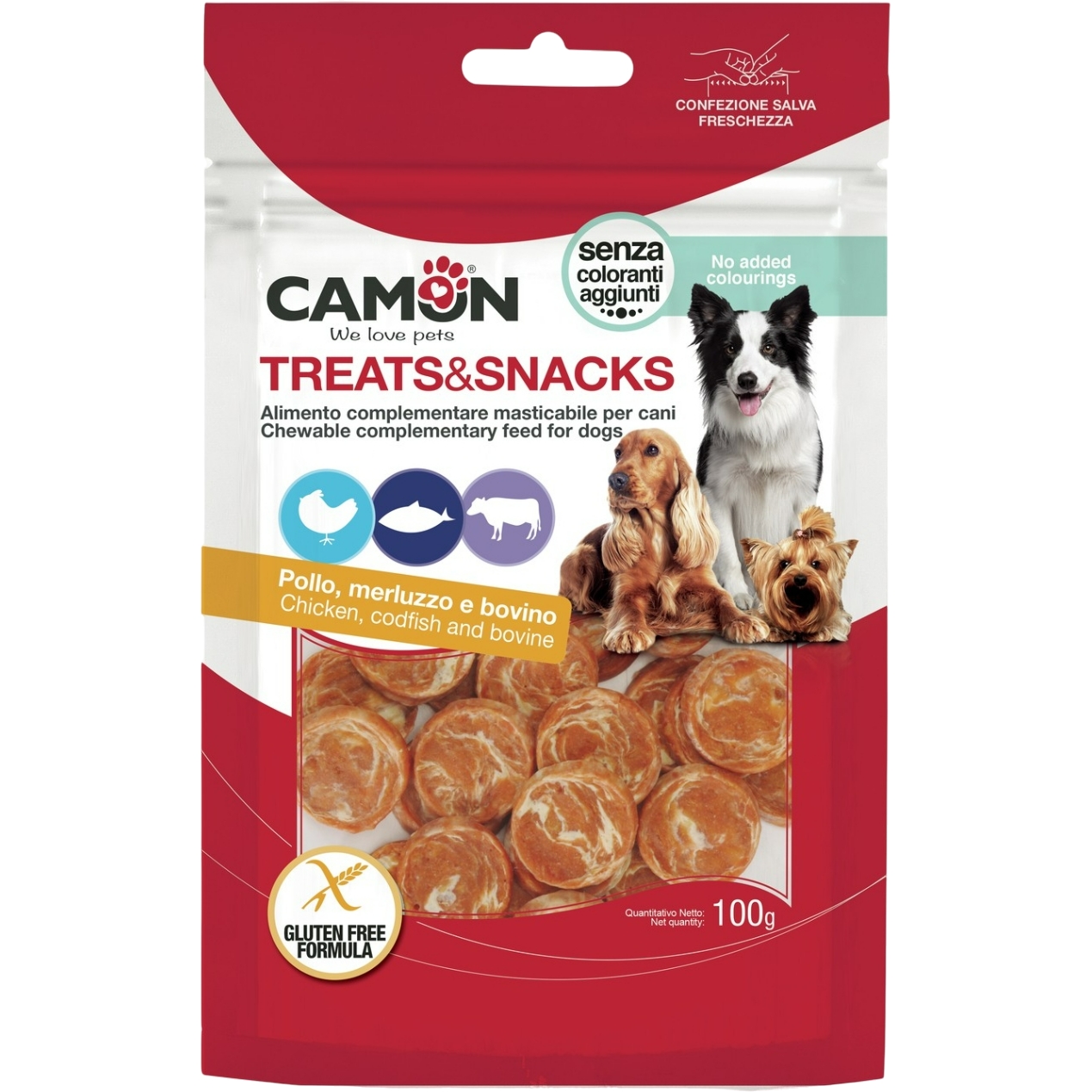 Ласощі для собак Camon Treats & Snacks монети з курки, тріски та сиром'ятої шкіри 2.5 см 100 г - фото 1