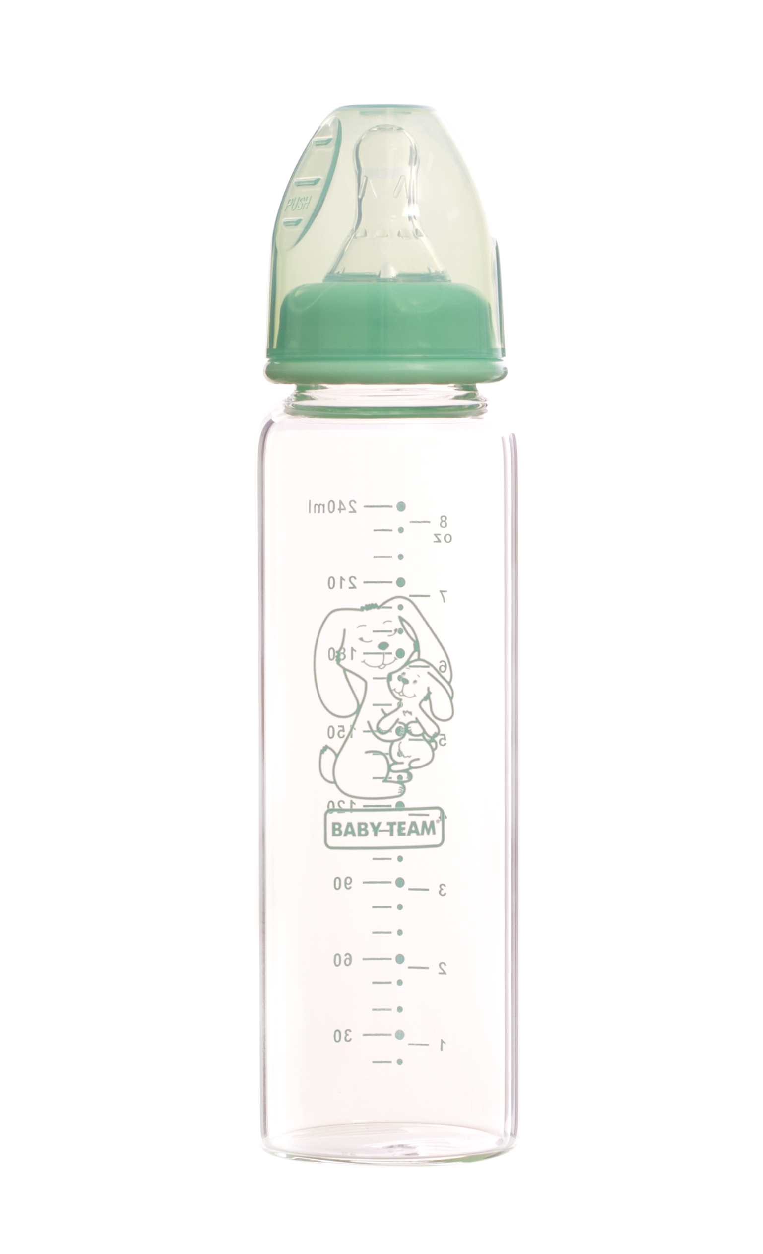 Бутылочка для кормления Baby Team, стеклянная, 250 мл, зеленый (1211_зайчик) - фото 1