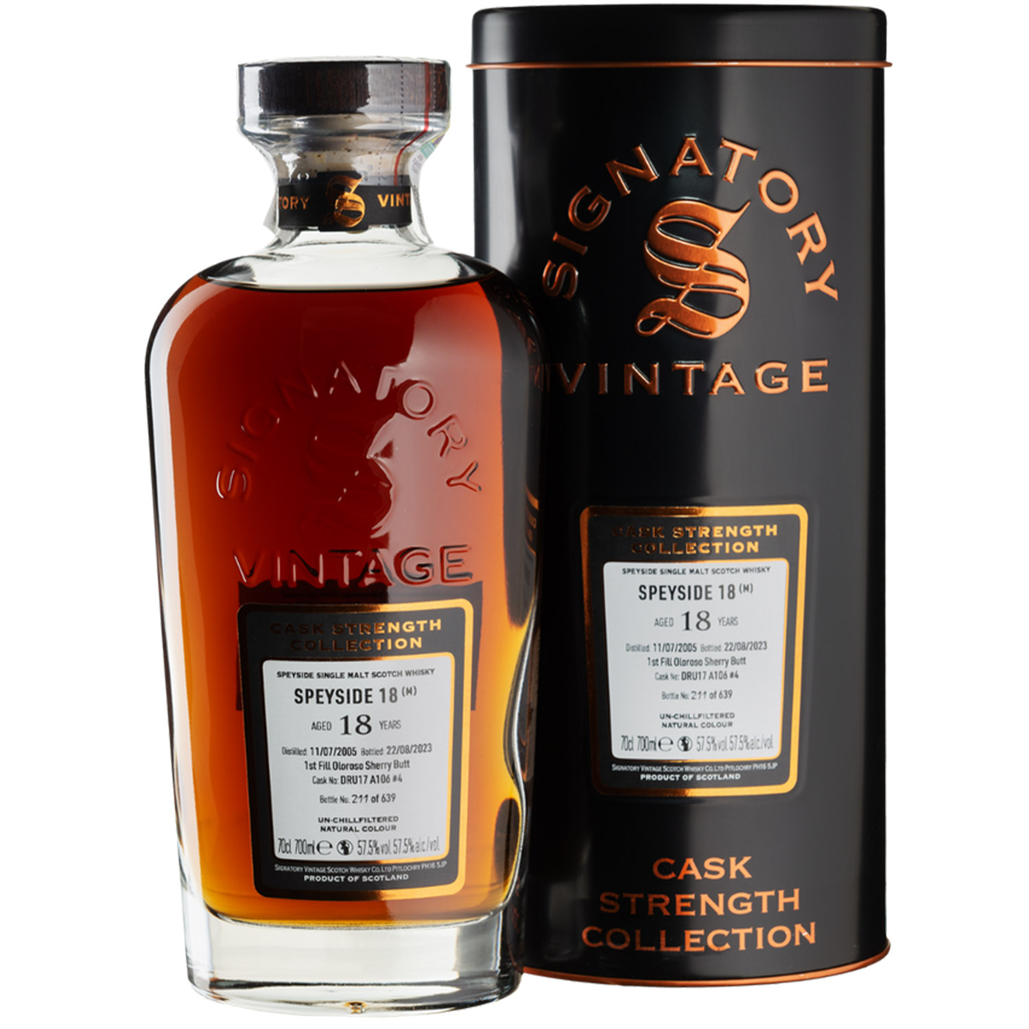 Віскі Signatory Vintage Speyside 18 yo Cask Strength Single Malt Scotch Whisky 57.5% 0.7 л в тубусі - фото 1