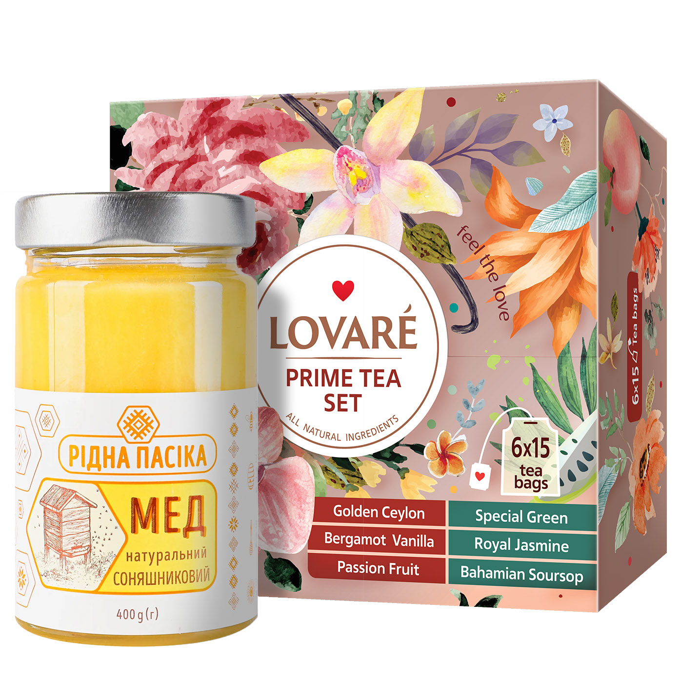 Набір: Чай асорті Lovare Prime Tea Set 180 г (90 шт. x 2 г) + Мед соняшниковий Рідна пасіка натуральний 400 г - фото 1