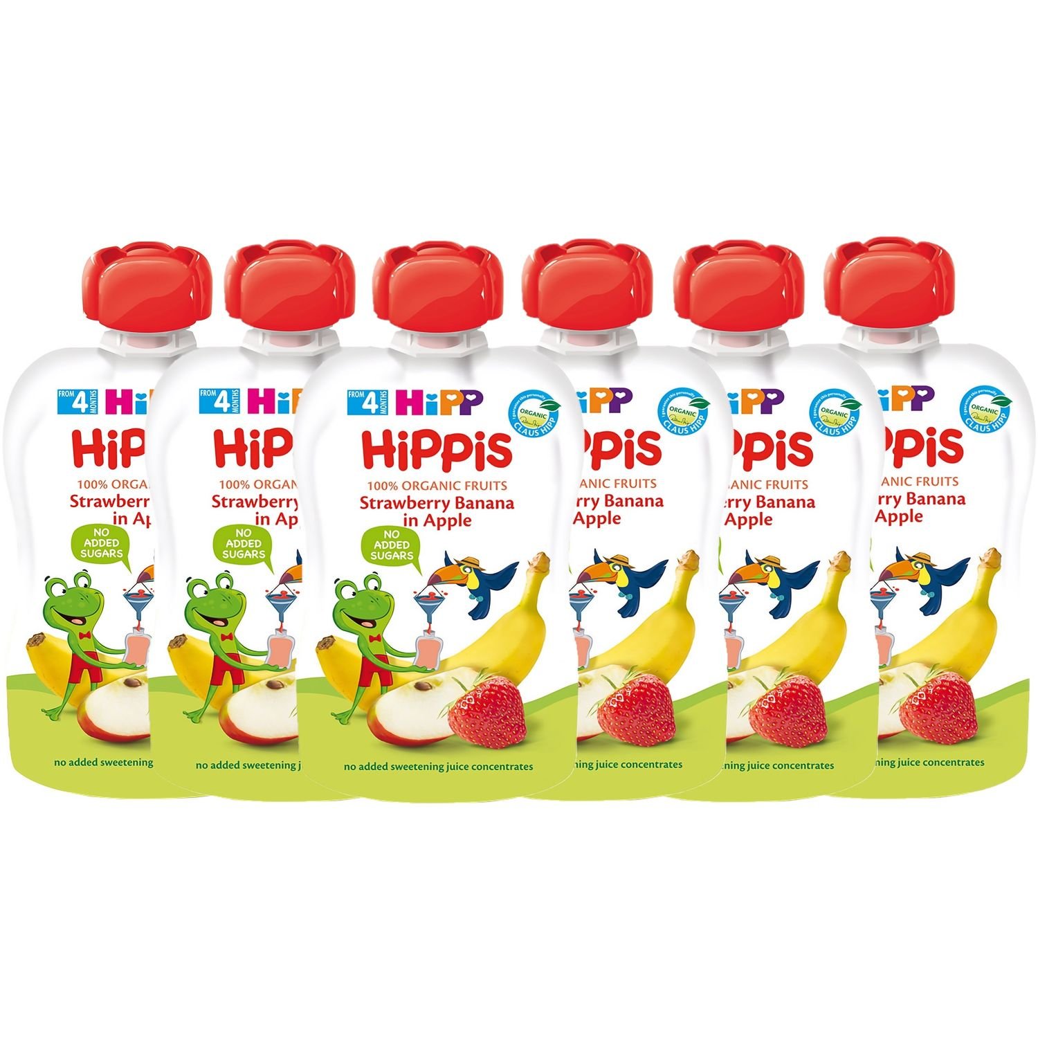 Набір органічних фруктових пюре HiPP HiPPiS Pouch Яблуко-полуниця-банан, 600 г (6 упаковок по 100 г) - фото 1