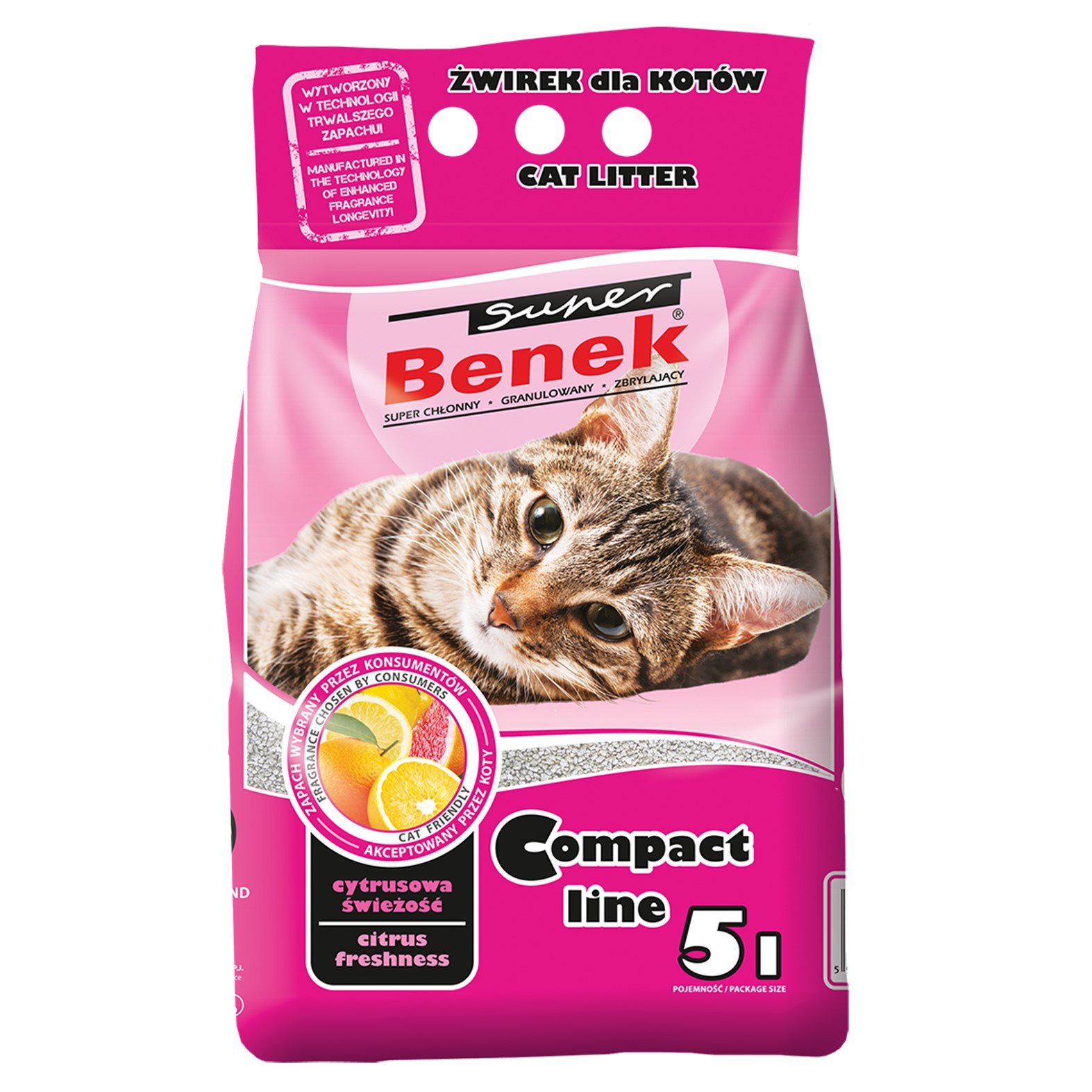 Бентонітовий наповнювач для котячого туалету Super Benek Компактний, з ароматом цитрусової свіжості, 5 л - фото 1